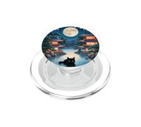 Japanese Black Cat in Lake Temples Moon PopSockets PopGrip for MagSafe
