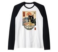 Japanese Black Cat Ramen Ukiyo-e Art Mount Fuji and Sakura Raglan Baseball Tee