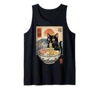 Japanese Black Cat Ramen Ukiyo-e Art Mount Fuji and Sakura Tank Top