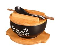 Japanese Black Ceramic Ramen Bowl with Lid and Spoon 6.3 Inch 1000ml Traditional Style Noodle Bowl Set with Chopsticks Bamboo Tray Ideal for Soup Cereal Parties Home Dining Restaurant Use