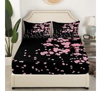 Japanese Black Fitted Sheet Single Bed Cherry Blossoms 3D Fitted Sheets Deep Pocket 12 inch 30 cm Bottom Sheet Ultra Soft Microfibre Bedding Set with 2 Pillowcases a.6385