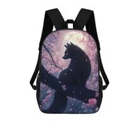 Japanese Black Fox Kitsune Cat in Cherry Blossoms School Bag Backpack Teen Schoolbag 3D Printing Adjustable Schoolbag Fashion Pocket Bag for Kids Boys Girls Students And Teenagers Fans 17inch