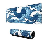 Japanese Blue and White Wave Gaming Mouse Pad XL, Stitched Edges Mousepad, Extended Large Mouse Mat Desk Pad, Long Non-Slip Rubber Base Mice Pad, 31.5 X 11.8 Inch
