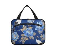 Japanese Blue-Flowered Crane Hanging Makeup Bag Large Travel with Hook, Designer Unisex Quilted Makeup Bag for Travel Must Haves Trip Bolsa para maquillaje L