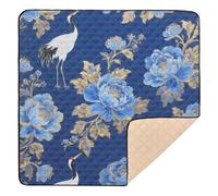 Japanese Blue-Flowered Crane Navy Blue Gold Soft Padded Baby Activity Play Mat for Floor 1-Piecing Baby Crawling Mat for Babies Infants Toddlers, 50'' x 50''