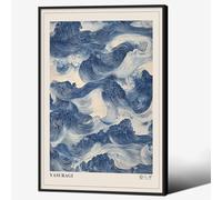 Japanese Blue Waves Wall Art Vintage Oriental Japandi Wabi Sabi Poster 16X24 inch Black Framed Abstract Giant Waves Canvas Prints for Minimalist Living Room Wall Decor
