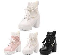 Japanese Booties With Bows Women's Lace-up Short Boots With Pearl Necklace Lolita Cosplay Ankle Boots PU Leather Booties With Block Heel 9 Cm Platform High Heels For Party(White,6 UK)