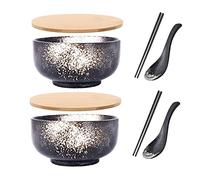 Japanese Bowl with Lid, Ceramic Ramen Bowl, Set of 2 Vintage Ceramic Ramen Bowl Hand Drawn Rice Bowl Instant Noodle Bowl,A2