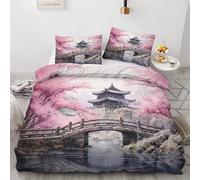 Japanese Bridge Duvet Cover Single 135x200cm, Cherry Blossoms Asia Oriental Bedding Sets Zipper Closure, Soft Reversible Microfiber Quilt Cover and 1 Pillowcases H-8