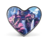 Japanese Building On Mountains Waterfall Badge Heart Shape Cute Brooch Pins Button Badges for Backpack Jackets Hats Decor