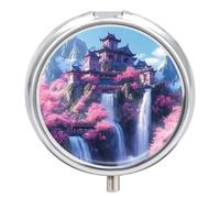 Japanese Building On Mountains Waterfall Pill Box 3 Compartment Small Portable Medicine Case Pill Organizer for Pocket Purse