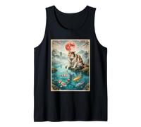 Japanese Calico Cat Touching Colorful Koi Fish Pond Red Moon Tank Top