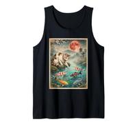 Japanese Calico Cat Touching Colorful Koi Fish Pond Red Moon Tank Top