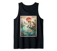 Japanese Calico Cat Touching Colorful Koi Fish Pond Red Moon Tank Top