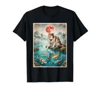 Japanese Calico Cat Touching Colorful Koi Fish Pond Red Moon Value Graphic T-Shirt, Men, Black, L