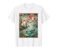 Japanese Calico Cat Touching Colorful Koi Fish Pond Red Moon Value Graphic T-Shirt, Men, White, M