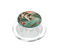 Japanese Calico Cat Touching Koi Fish Pond Red Moon Sakura PopSockets PopGrip for MagSafe