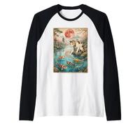 Japanese Calico Cat Touching Koi Fish Pond Red Moon Sakura Raglan Baseball Tee