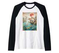 Japanese Calico Cat Touching Koi Fish Pond Red Moon Sakura Raglan Baseball Tee
