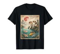 Japanese Calico Cat Touching Koi Fish Pond Red Moon Sakura T-Shirt