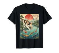 Japanese Calico Cat Touching Koi Fish Pond Red Moon Sakura T-Shirt