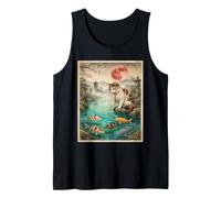 Japanese Calico Cat Touching Koi Fish Pond Red Moon Sakura Tank Top