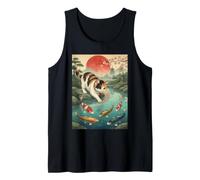 Japanese Calico Cat Touching Koi Fish Pond Red Moon Sakura Tank Top