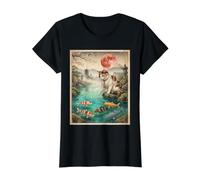 Japanese Calico Cat Touching Koi Fish Pond Red Moon Sakura Value Graphic T-Shirt, Women, Black, S