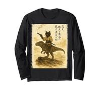 Japanese Calligraphy Cat Rides Dinosaur with Haiku Long Sleeve T-Shirt
