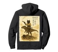 Japanese Calligraphy Cat Rides Dinosaur with Haiku Pullover Hoodie