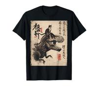 Japanese Calligraphy Cat Rides Dinosaur with Haiku T-Shirt