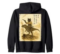 Japanese Calligraphy Cat Rides Dinosaur with Haiku Zip Hoodie