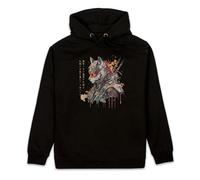 Japanese Calligraphy Samurai Fox Kitsune Hooded Top - Womens Mens Printed Sweatshirt Hoodie (UK, Alpha, XL, Regular, Regular, Black)