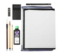 Japanese Calligraphy Set 9 Parts | Shodo Calligraphy Pen (Three Brushes) and Paper, Inkstone and Ink Stick, Non Slip Underlay, Paperweight, with Clear case (Dark Blue Edge/Clear case)