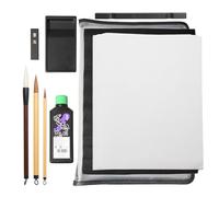 Japanese calligraphy set 9 parts, Shodo calligraphy pen (three brushes) and paper, inkstone and ink stick, non slip underlay, Paperweight, with clear case (Black edge/Clear case)