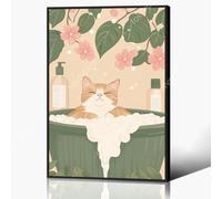 Japanese Canvas Wall Art, Japan Cat Bathroom Aesthetic Poster, Tabby Cat In Bathtub Print, Neutral Pink Flowers and Green Leaves Picture, Restroom Cute Animal Painting 30x40cm Unframed