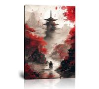 Japanese Canvas Wall Art Japanese Landscape Painting Prints Red and Black Cherry Blossom Trees Building Pictures Artwork for Men Bedroom Living Room Office (18''W x 24''H)
