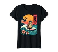 Japanese Capybara Surfing Kanagawa Wave Funny Surf Animal Value Graphic T-Shirt, Women, Black, XS