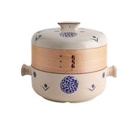 Japanese Casserole Pot with Bamboo Steamer Basket, Round Stoneware Clay Pot with Lid, Ceramic Soup Pot Clay Pot Double-Decker Steamer Casserole Dish Stew for Dinner and Party(1.5L)