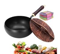 Japanese Cast Iron Cookware Wok with Lid, Uncoated Iron Wok Pan 9.5-11in, Heavy Duty Cast Iron Pot, Even Heat, Natural Healthy Stir Fry Cooking, Durable Kitchen Wok (Wooden lid, 24cm)