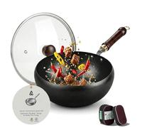 Japanese Cast Iron Wok Pan - Uncoated Healthy Cooking Pot with Lid, New Japanese Cast Iron Pot, Hand-Hammered Uncoated Healthy Non Stick Frying Pans Made in Japan (Hand-hammered + Glass Lid,10.2'')