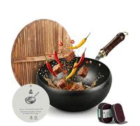 Japanese Cast Iron Wok Pan - Uncoated Healthy Cooking Pot with Lid, New Japanese Cast Iron Pot, Hand-Hammered Uncoated Healthy Non Stick Frying Pans Made in Japan (Smooth Surface + Wood Lid,7.9'')