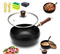 Japanese Cast Iron Wok with Lid, Hand-Hammered Uncoated Iron Pot for High Heat Cooking - Naturally Non-Stick, Chemical Free Flat Bottom Stir Fry Pan for Induction, Gas & Stoves (20 CM,Glass Lid)