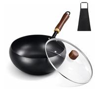 Japanese Cast Iron Wok with Lid & Spatula, Hand Hammered Tsubame-Sanjo Wok Pan, Pre-Seasoned Uncoated Nonstick Iron Pot for Induction, Gas & Electric Stoves (Glass lid,24cm/9.5)