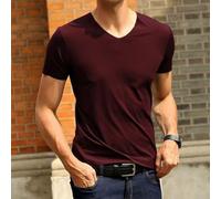 Japanese-casual short sleeve t-shirt for men with V-neck and sleek fit, produced from smooth ice silk fabric (XL Red)