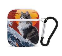 Japanese Cat Ocean Wave Earphone Case Cover Compatible with AirPods 1&2 Shockproof Bluetooth Headset Case White-style