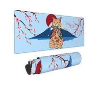 Japanese Cat Samurai Cute Kitty Funny Red Sun Fuji Mountain Plum Blossom Mouse Pad XL Extended Desk Mat, Non Slip Rubber Base Stitched Edge Gaming Pc Desktop Large Mice Pad,31.5 X 11.8 Inch