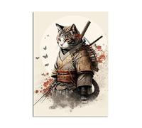 Japanese Cat Samurai Wall Art Cartoon Retro Canvas Painting Cute Cat Animals Anime Posters And Prints Kids Room Bedroom Decor Pictures（No Frame）