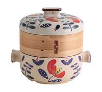 Japanese Ceramic Casserole Pot with Steamer Basket - Natural Clay Stockpot with Handles, Traditional Bamboo Steamer for Healthy Cooking, Microwave & Gas Stove Safe(1.5L)