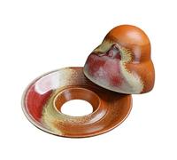 Japanese Ceramic Cup & Saucer Set - Traditional Asian Style Cups for Tea, Coffee, Espresso - Rustic, Vintage Drinking Earthenware Sets - Innovative Conical Design & Hollow Coaster (Brown)